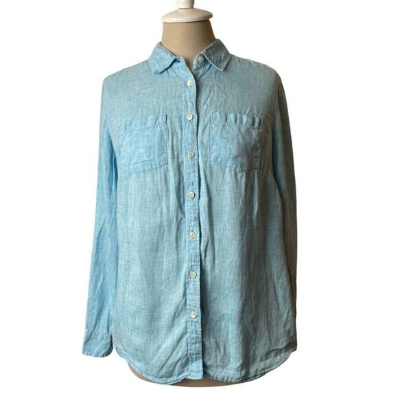 Talbots Blue Linen Button Up Shirt Size MP - Picture 1 of 5